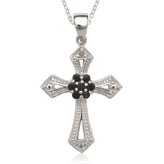 Sterling Silver Diamond Accent & Black Sapphire Cross Pendant
