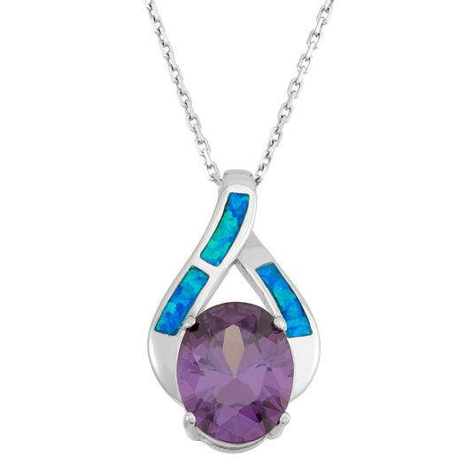 Sterling Silver Blue Inlay Opal w/ Large Amethyst Oval CZ Pendant