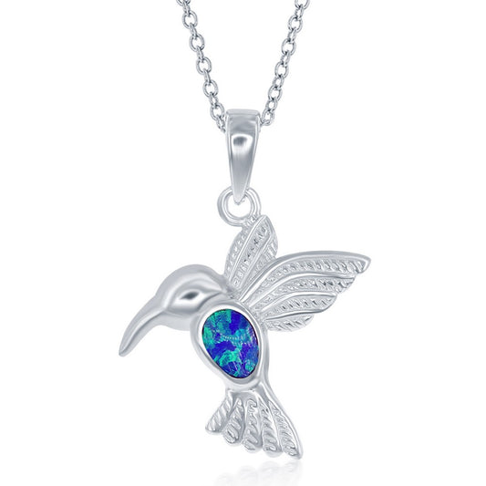 Sterling Silver Blue Inlay Opal Hummingbird Pendant