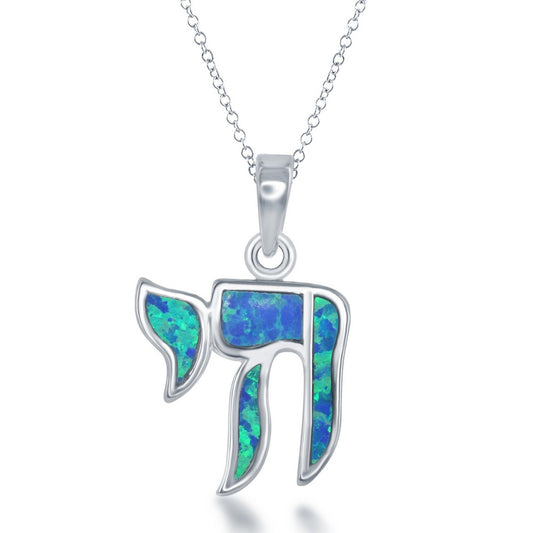 Sterling Silver Blue Inlay Opal "Chai" Pendant