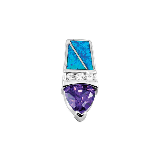 Sterling Silver Blue Inlay Opal Rectangle, CZ Bar and Amethyst Triangle CZ Pendant