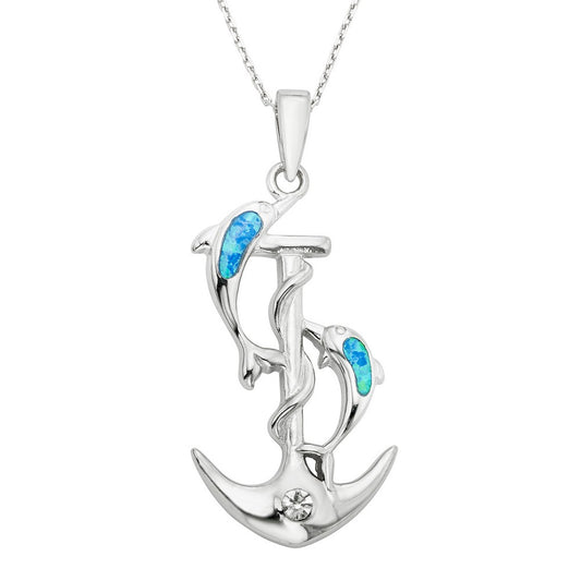 Sterling Silver and Blue Inlay Opal Dolphins and CZ Anchor Pendant