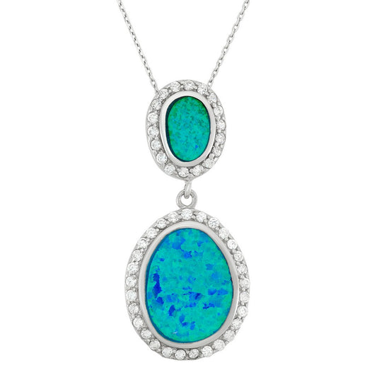 Sterling Silver Double Oval Blue Inlay Opal w/CZs Pendant