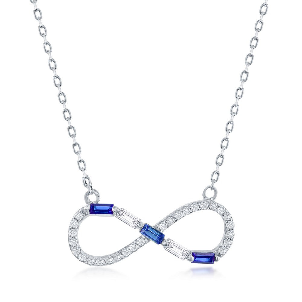 Sterling Silver Round & Baguette CZ Infinity Necklace - Sapphire CZ
