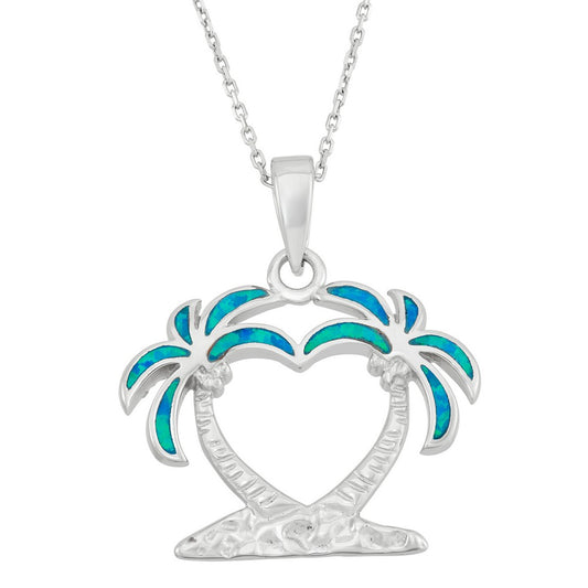 Sterling Silver Blue Inaly Opal Two Palm Trees Heart Pendant