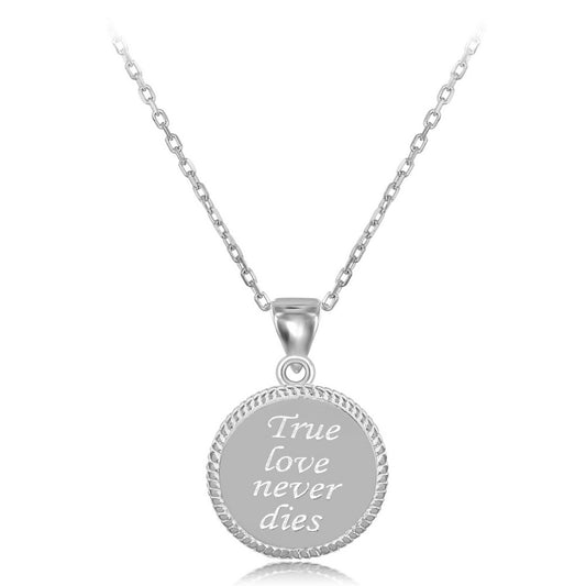Sterling Silver Rope Border Disc True Love Never Dies Pendant  With Chain