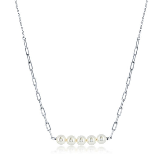 Sterling Silver Round White Pearl Bar, Paperclip Necklace