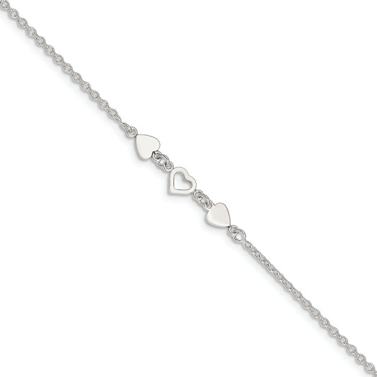 Sterling Silver 8 inch Plus 1in ext.Heart Link Anklet
