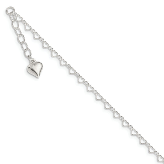 Sterling Silver Polished Puffed Heart 9in Plus 1in ext. Anklet