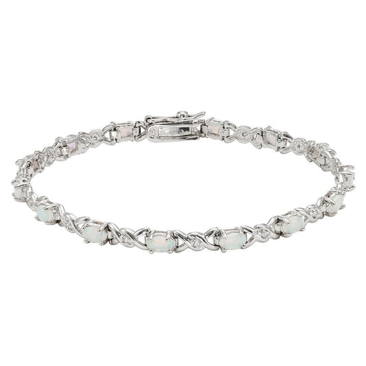 Sterling Silver Double X With CZ & Oval White Opal Bracelet