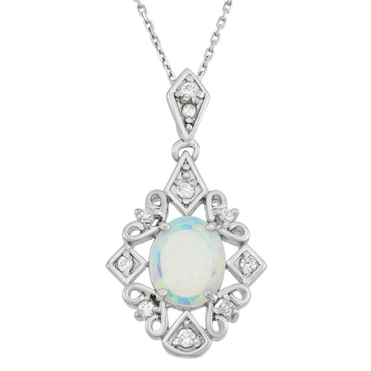 Sterling Silver Diamond Shape W/ CZ's & Oval Opal Stone Pendant