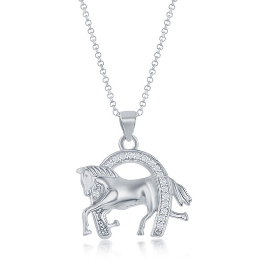 Sterling Silver Horse Trotting In Stable CZ Pendant