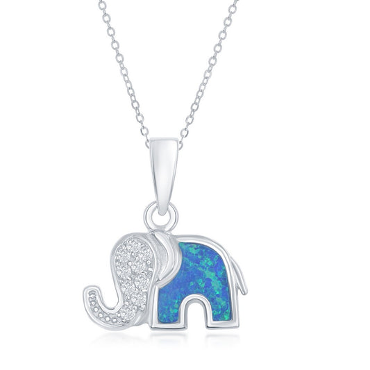 Sterling Silver Elephant w/ CZ Trunk and Blue Opal Back Pendant
