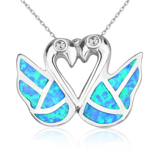 Sterling Silver Blue Inlay Opal Swans w/ CZ Forming Heart Pendant