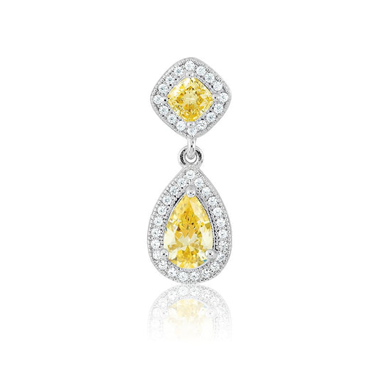 Sterling Silver Micro Pave Teardrop w/Yellow CZ Center and Sqaure on Top Pendant (41 stones)