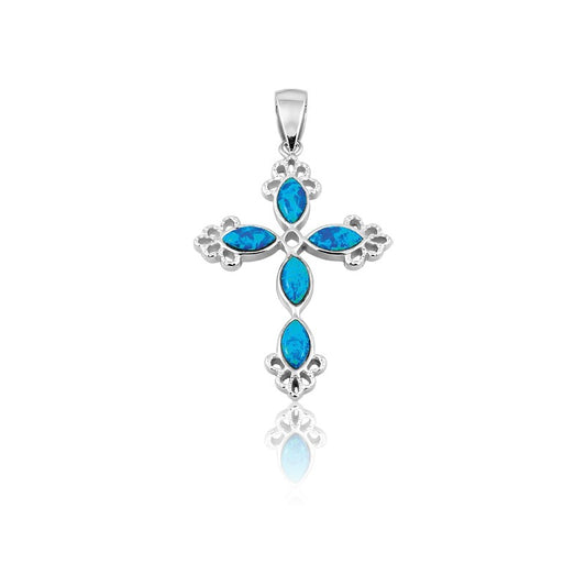 Sterling Silver Blue Inlay Opal Fancy Cross Pendant