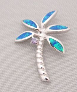 Sterling Silver Purple CZ and Opal Palm Tree Pendant