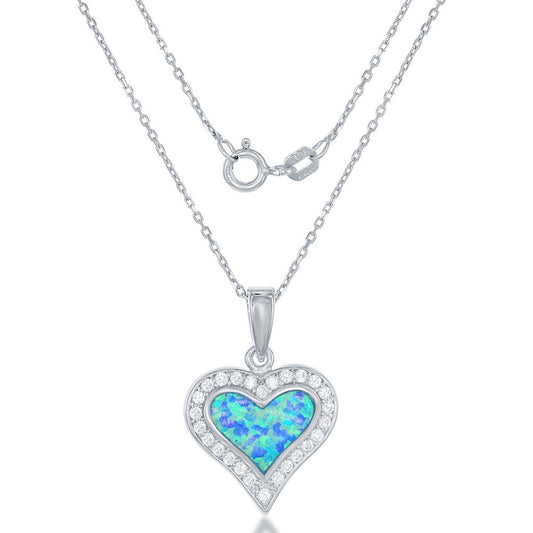 Sterling Silver CZ and Blue Inlay Opal Heart Pendant