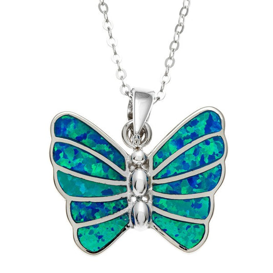 Sterling Silver Blue Inlay Opal Butterfly Pendant