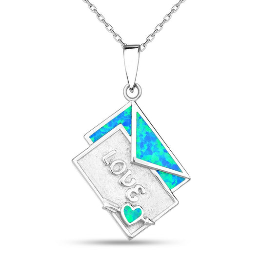 Sterling Silver Blue Inlay Opal Envelope and LOVE Letter Pendant