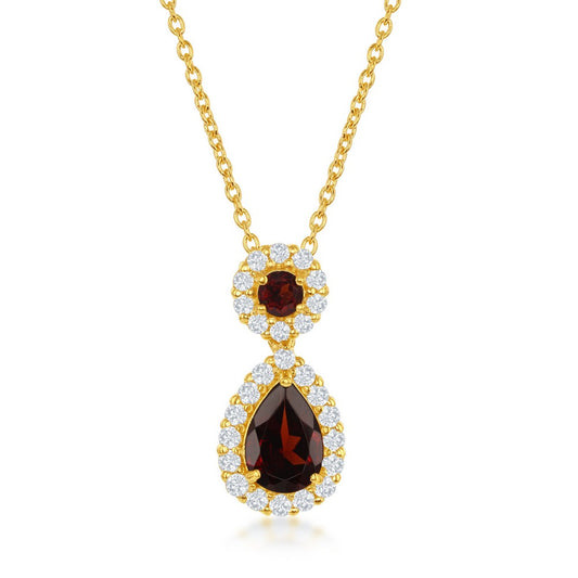 Sterling Silver, White Topaz & Garnet Pendent W/Chain - Gold Plated