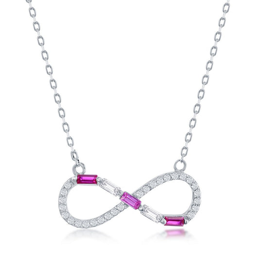 Sterling Silver Round & Baguette CZ Infinity Necklace - Ruby CZ