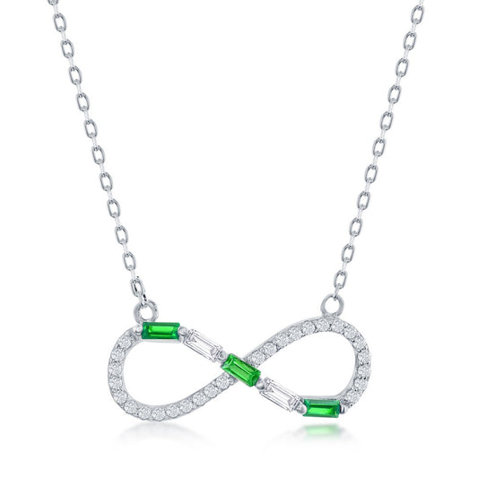Sterling Silver Round & Baguette CZ Infinity Necklace - Emerald CZ