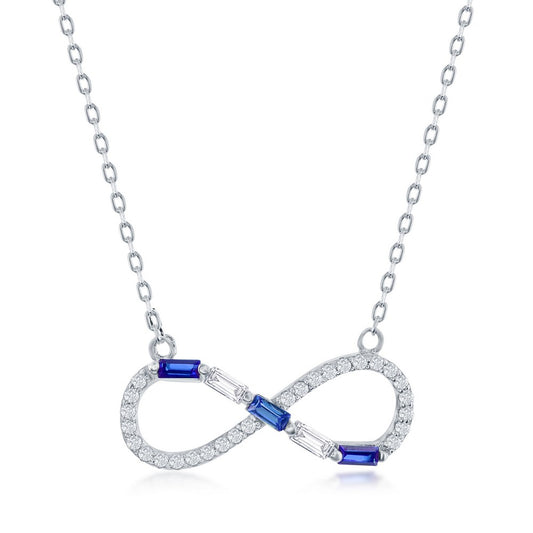 Sterling Silver Round & Baguette CZ Infinity Necklace - Sapphire CZ