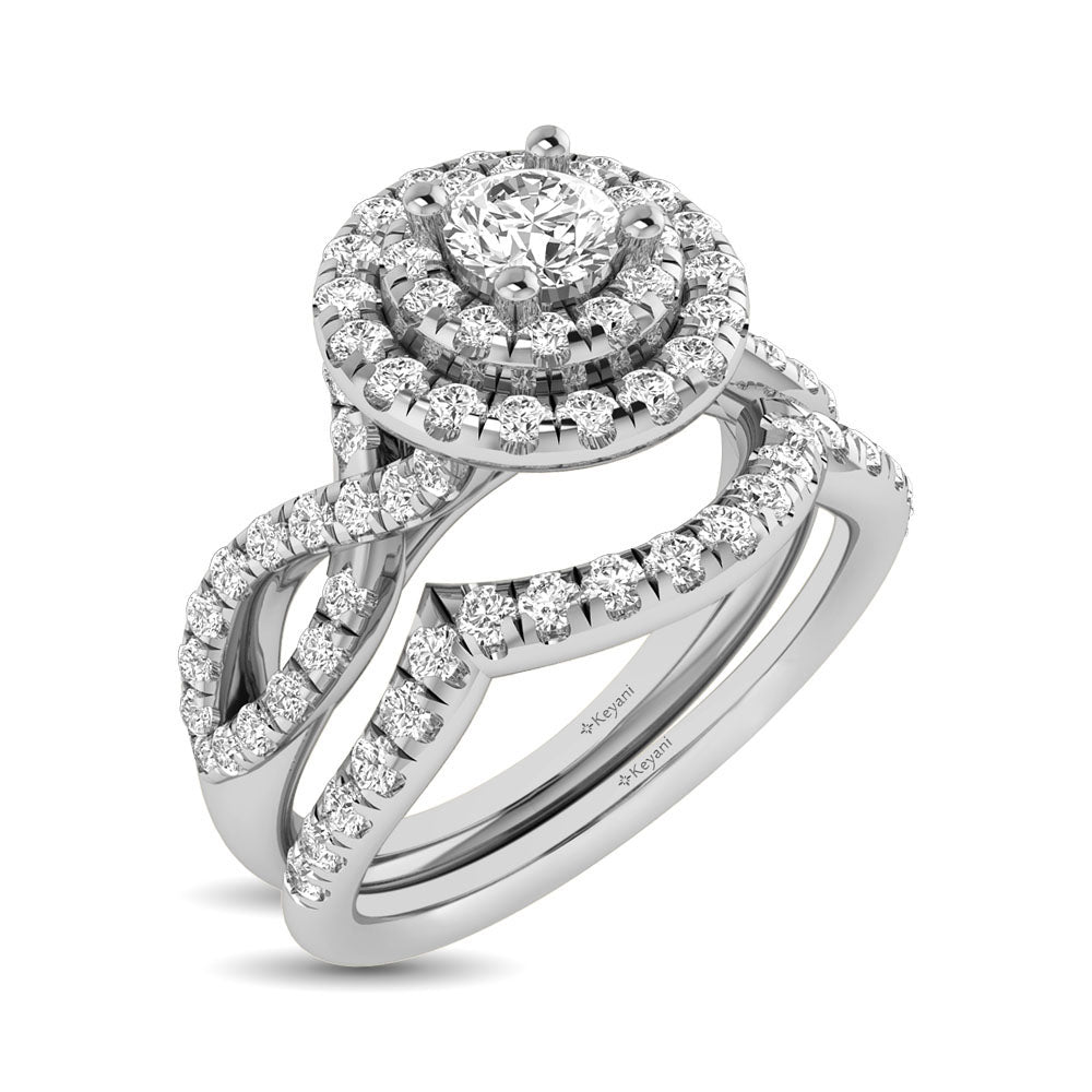Diamond Twist Shank Double Halo Bridal Ring 3/4 ct tw Round Cut in 14K White Gold