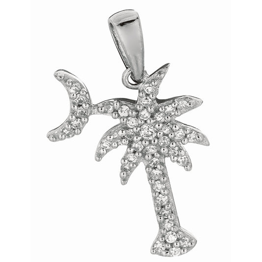 Silver CZ Palm Tree with Crescent Moon Pendant