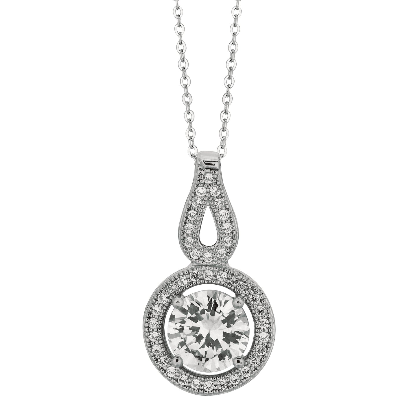 Silver Round CZ with Halo Necklace