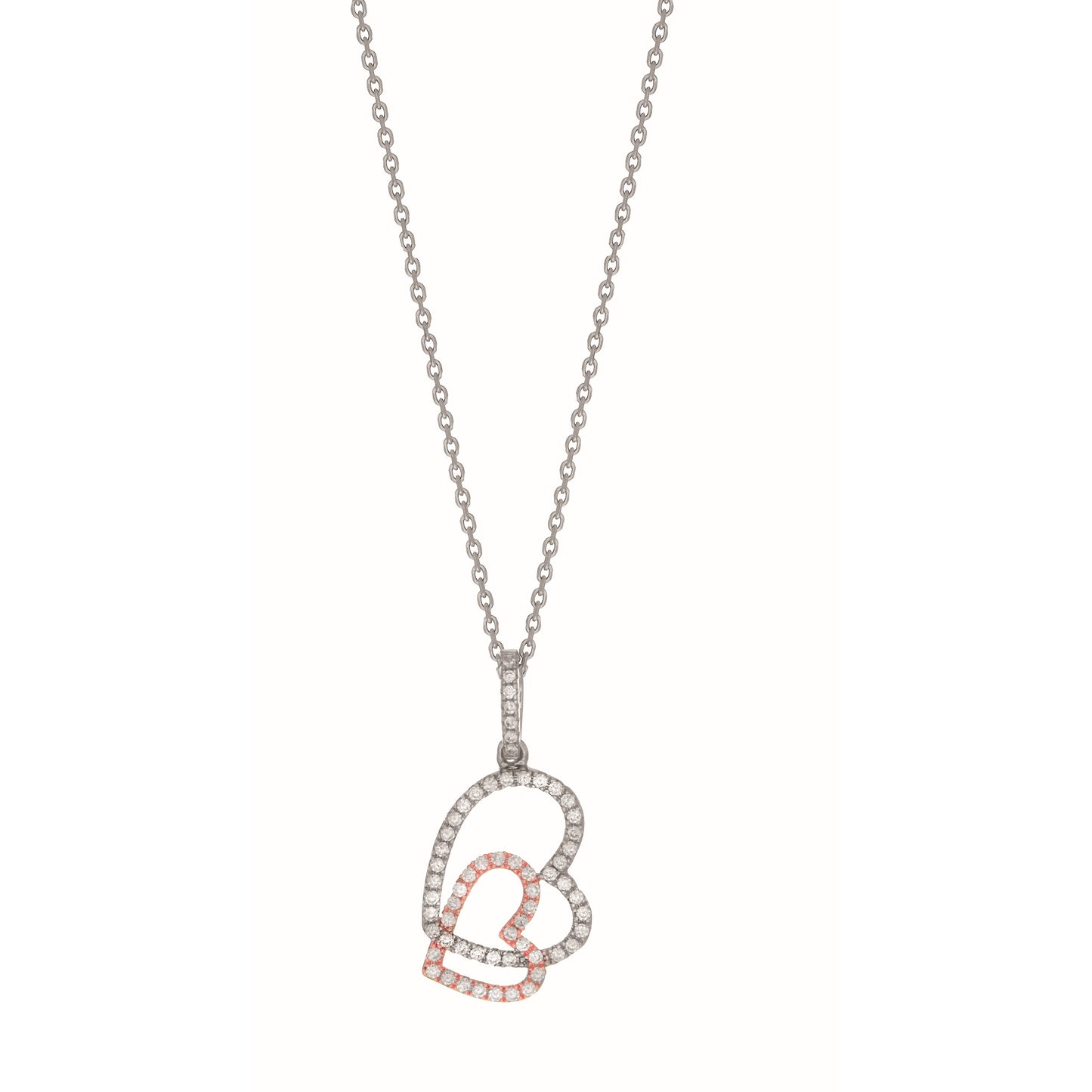 Silver Two-tone Interlocking CZ Heart Necklace