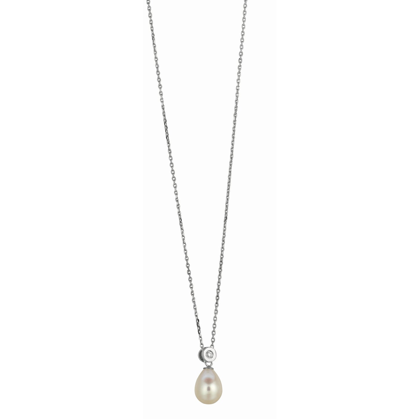 Silver Freshwater Pearl and Bezel Set CZ Necklace