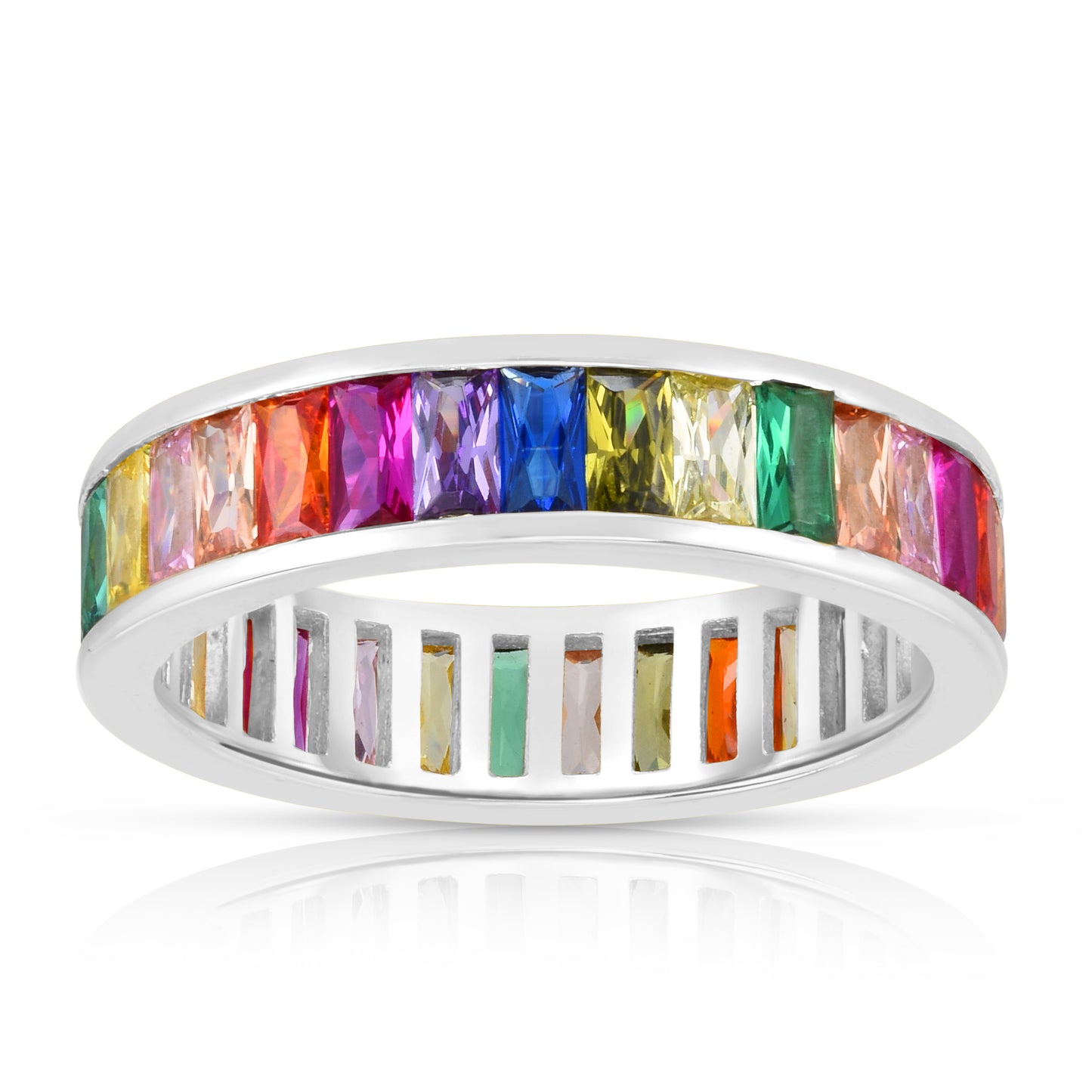Silver Rainbow CZ Baguette Eternity Ring