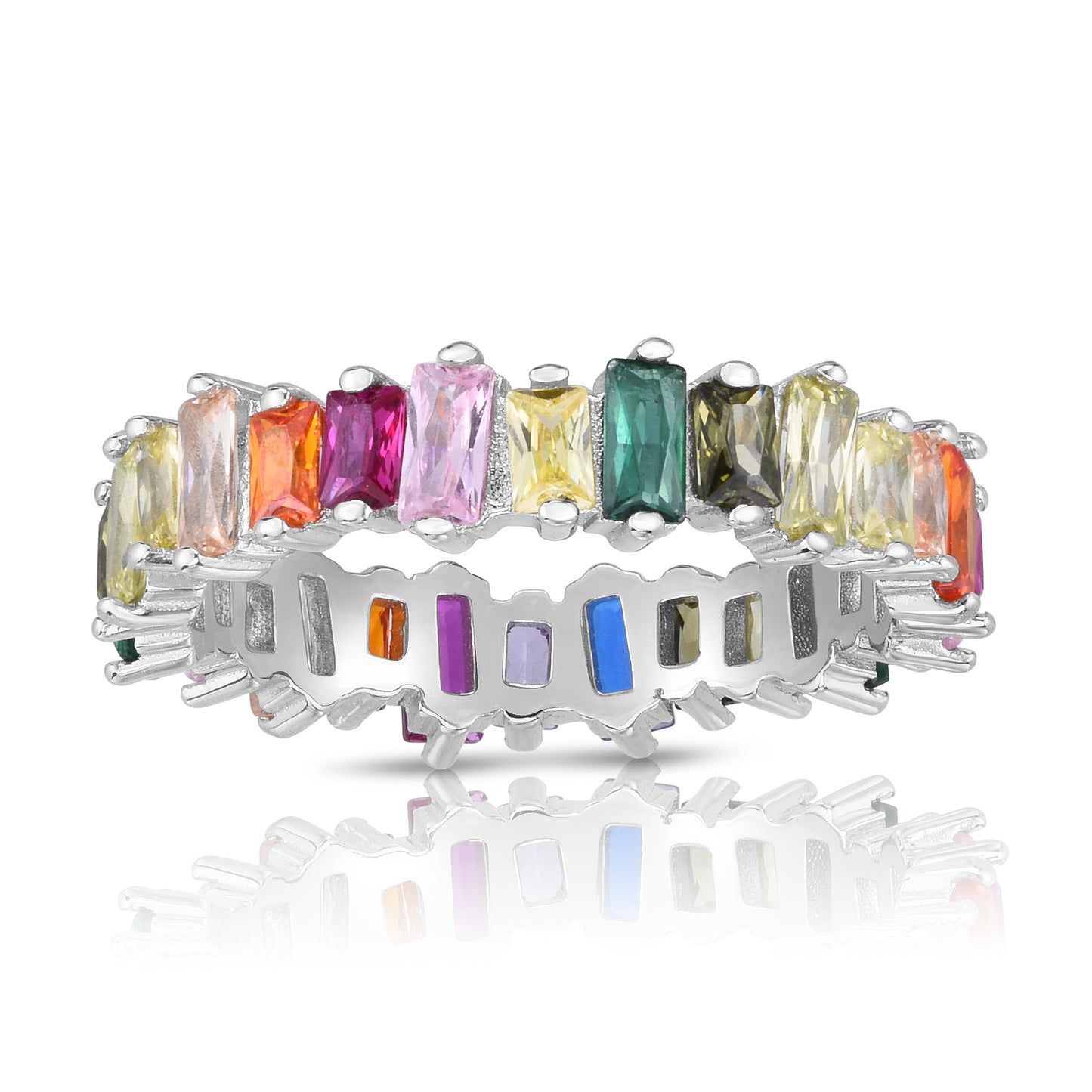 Silver Rainbow CZ Scattered Baguette Ring