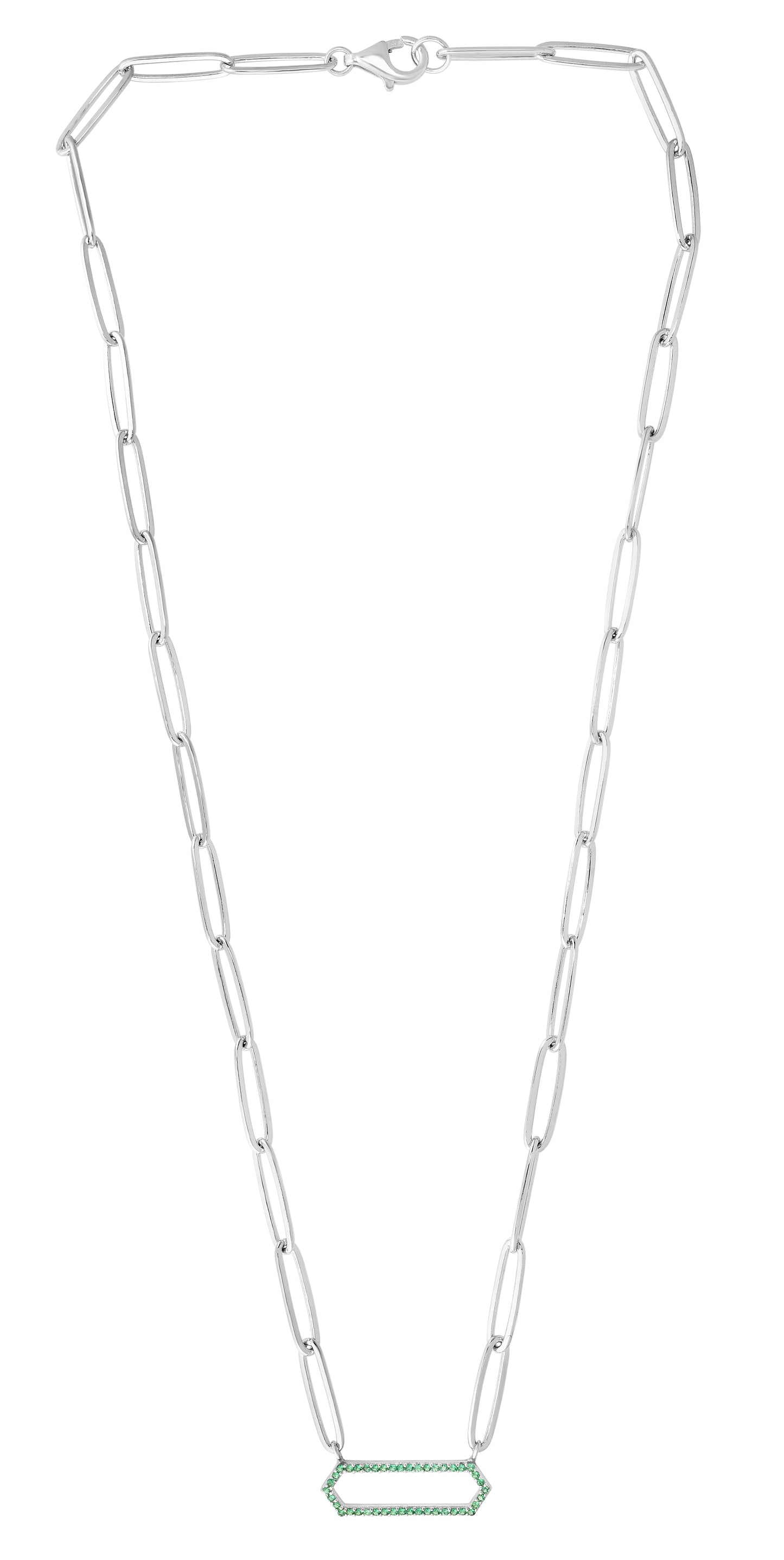Silver Green CZ Paperclip Necklace