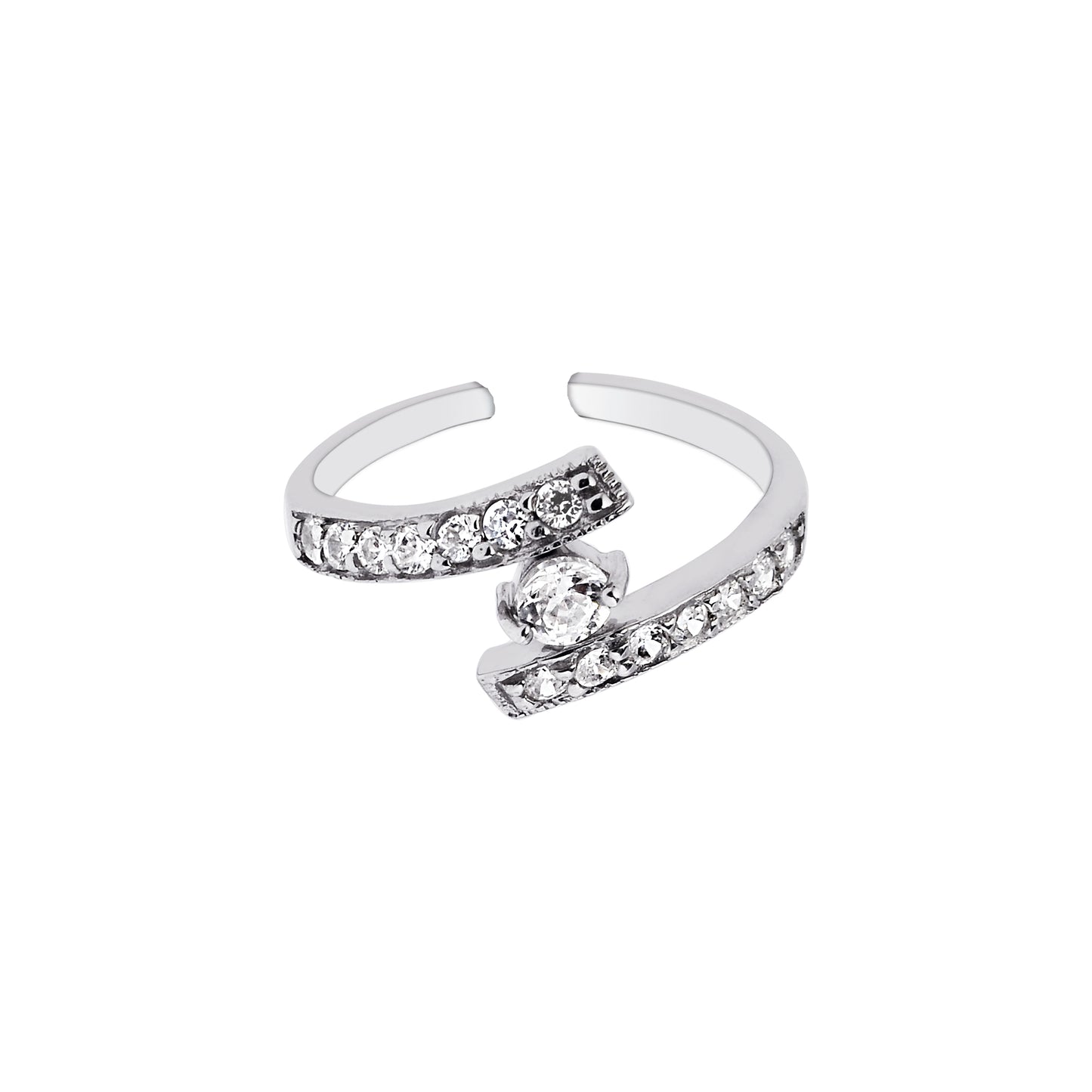 Silver CZ Bypass Toe Ring with Round Solitaire CZ
