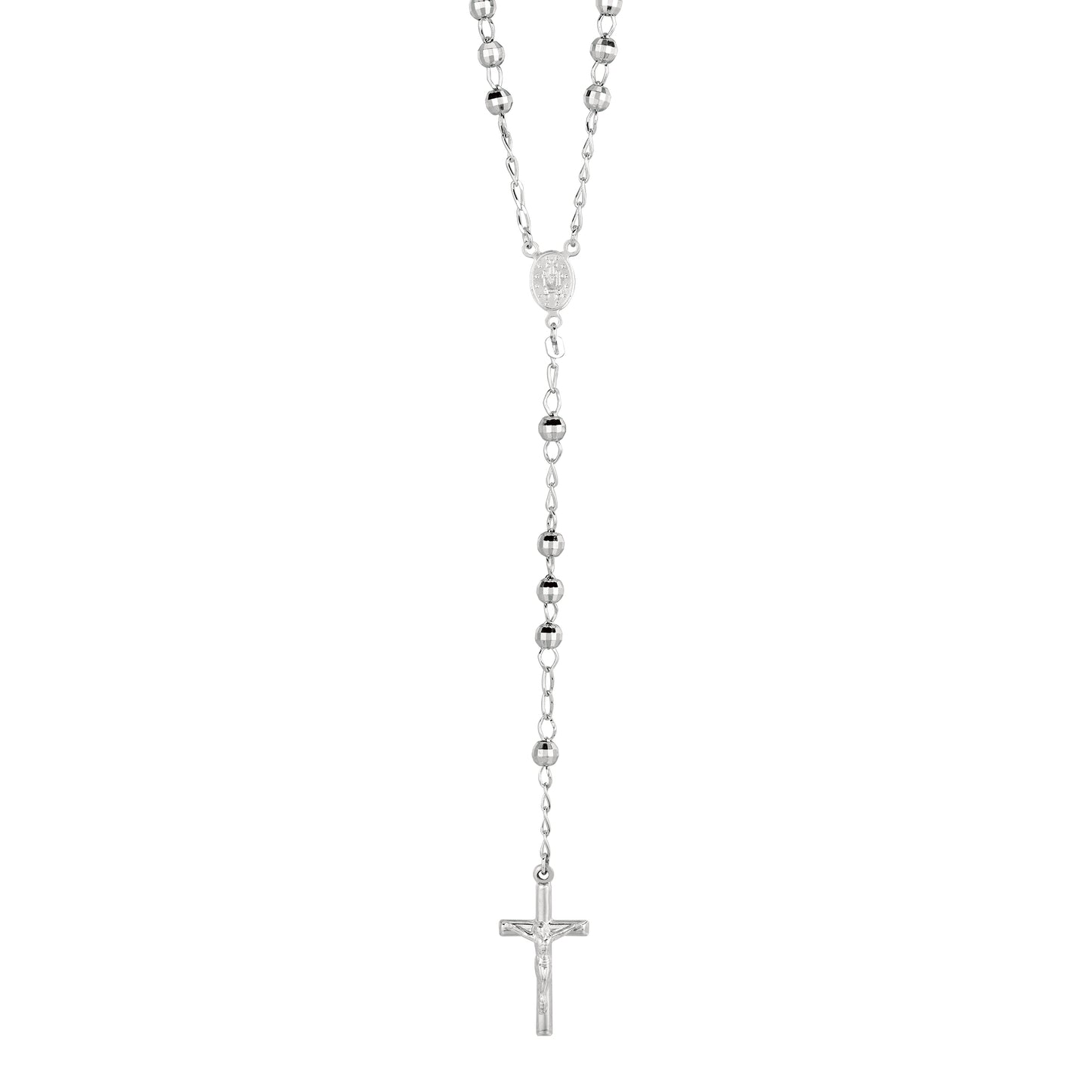Silver Diamond Cut Large Bead Rosary Necklace