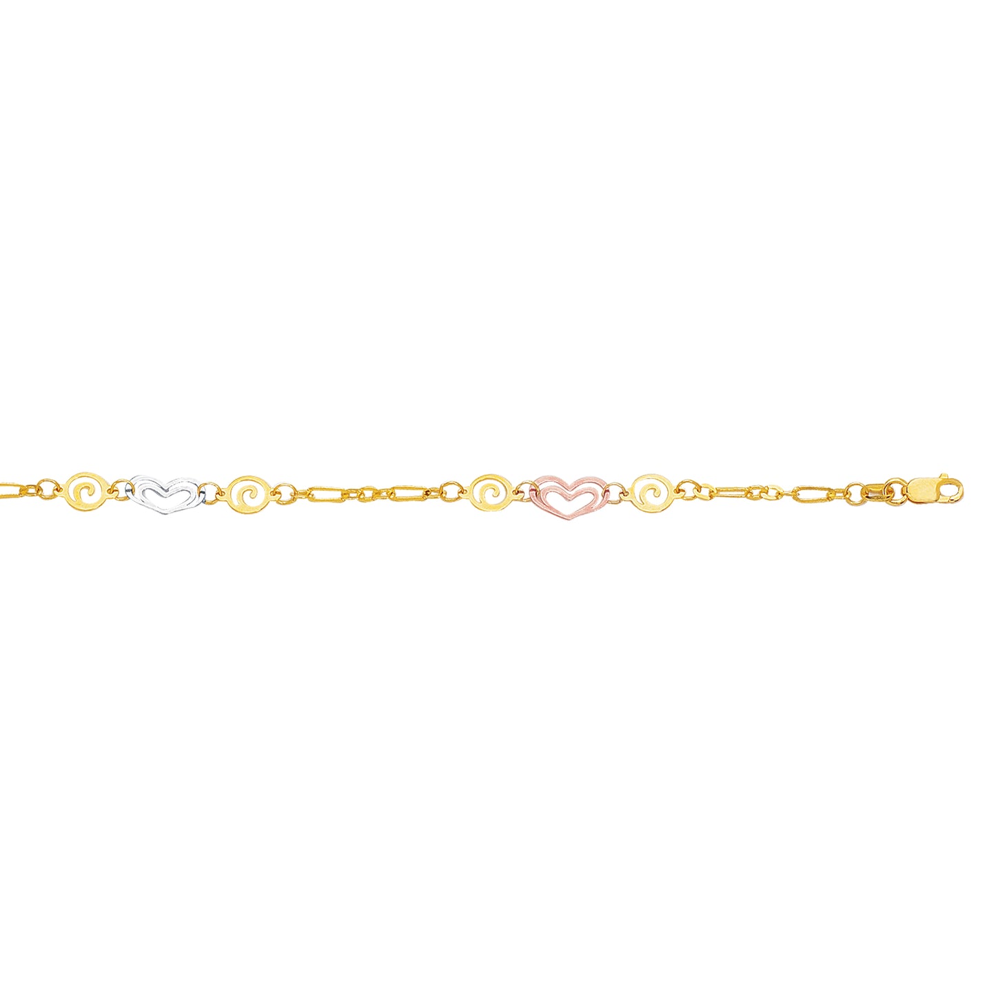 14K Tri-color Gold Heart and Swirl Anklet