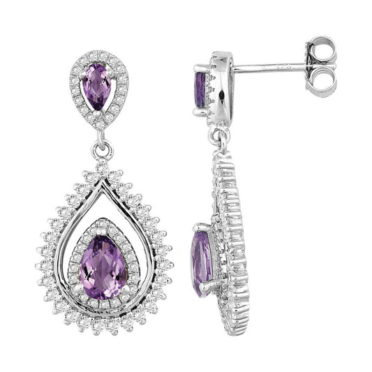 Sterling Silver 1.73cttw Double Pear Amethyst with 1.549 ct White Topaz Earring