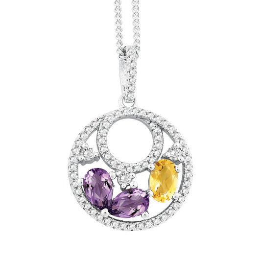 Sterling Silver 1.3cttw Oval Citrine and Pear Amethyst with .64cttw Wh Tpz  Necklace