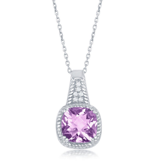 Sterling Silver Chekered 0.572cttw Amethyst Rope Design Border With  0.054cttw White Topaz Necklace