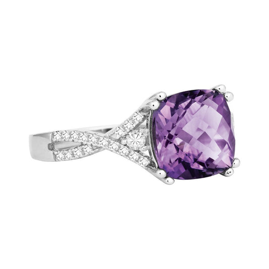 Sterling Silver 3.006 ct Cushion Amethyst with .357 ct White Topaz Ring