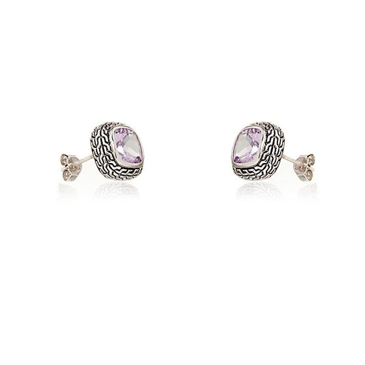 Sterling Silver Center Square Amethyst Gem Oxidized Earrings