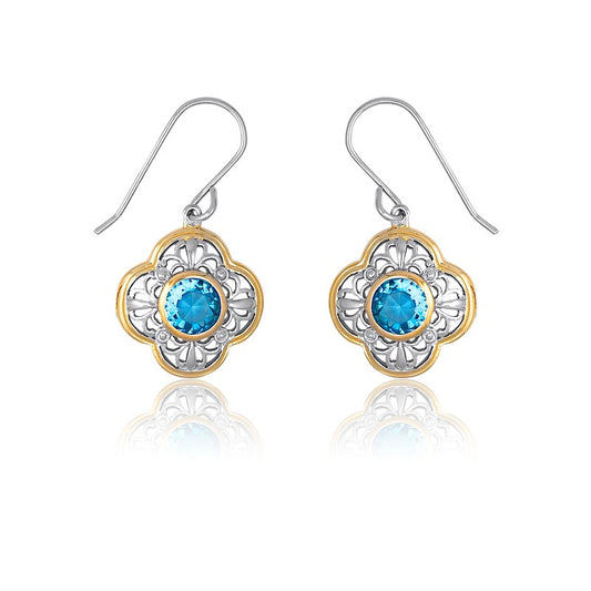 (SPECIAL ORD) Sterling Silver Center Aqua Circle CZ With  Silver Design and GP Outline Flower Earrings