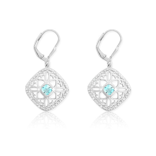 (SPECIAL ORD) Sterling Silver Diamonds with Center Blue Stone Square Earrings