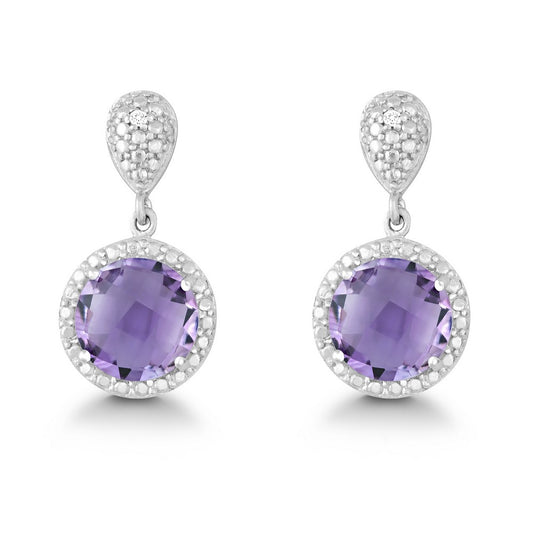 Sterling Silver Diamond and Round 9mm Gem Earrings - Amethyst