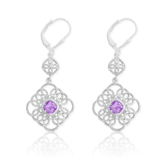 Sterling Silver Diamonds with Center Amethyst Square Earrings