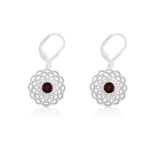 (SPECIAL ORD) Sterling Silver Diamonds with Center Garnet Flower Shaped Earrings