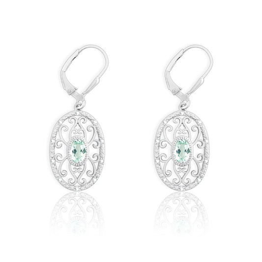 (SPECIAL ORD) Sterling Silver Diamonds with Center Green Quartz Oval Earrings